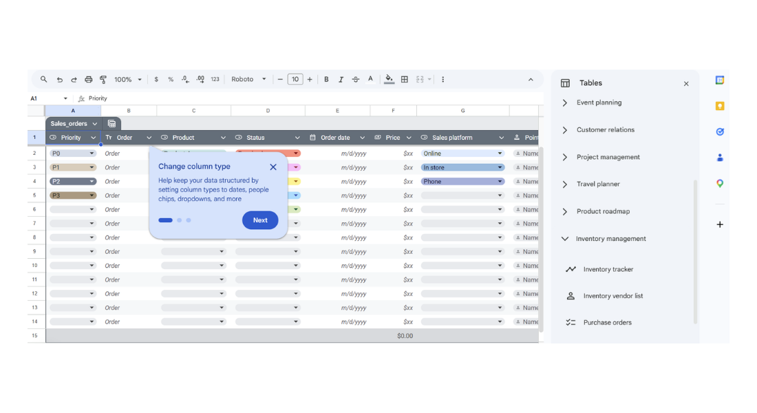Google Sheets features