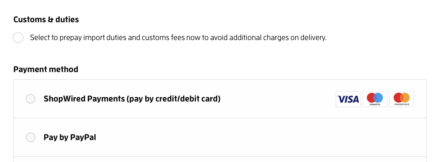 Customs & duties section at checkout