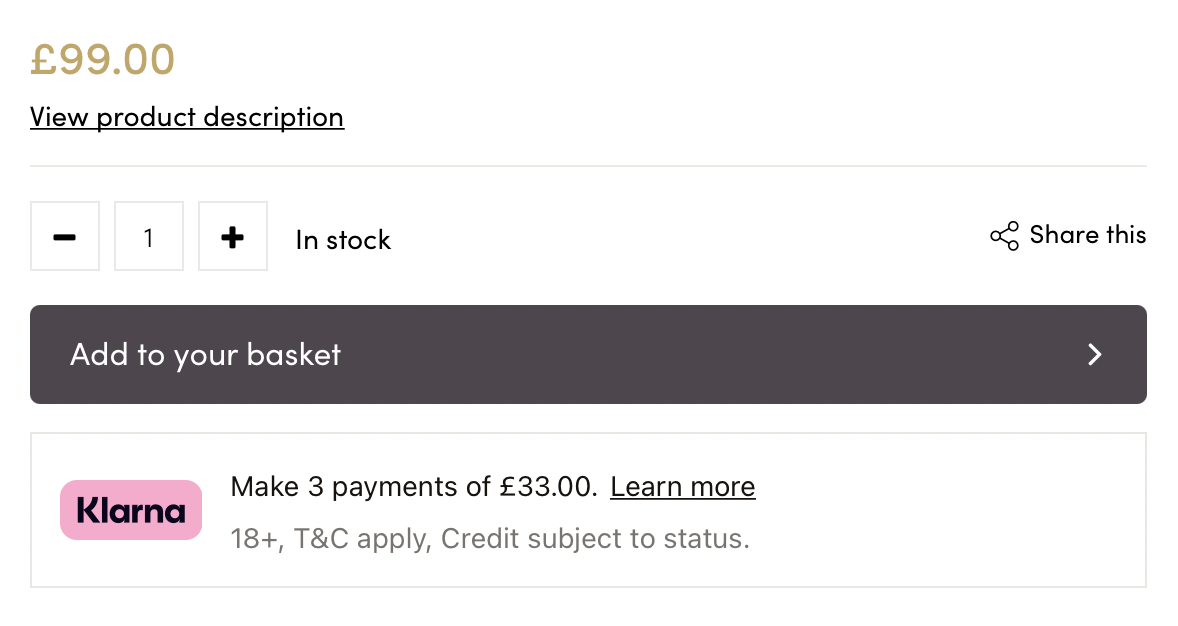 Klarna product page message